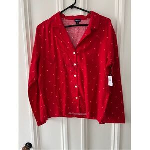 NWT Gap red with pink polkadot button down flannel pajama top L